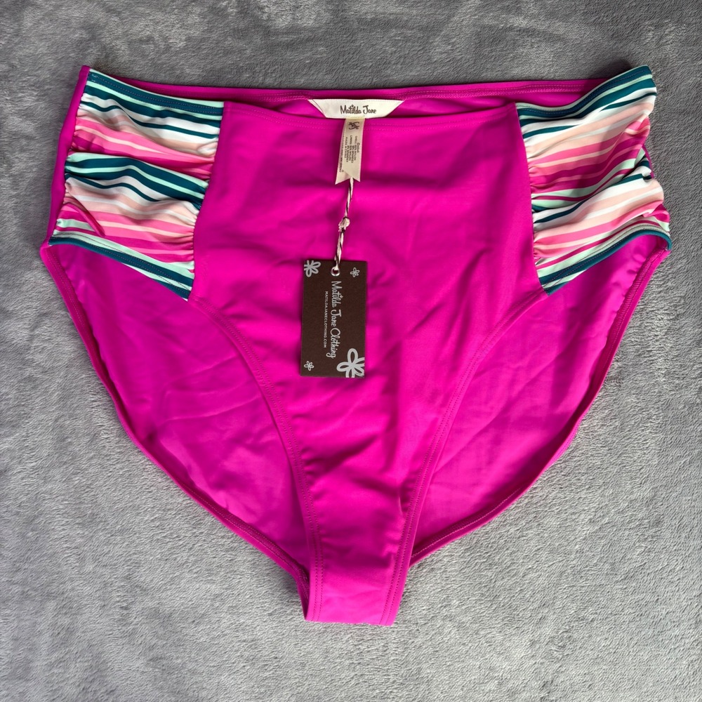 Matilda Jane Swimsuit Bottom Women XL Magenta Pink High Waist Ruched Striped NWT